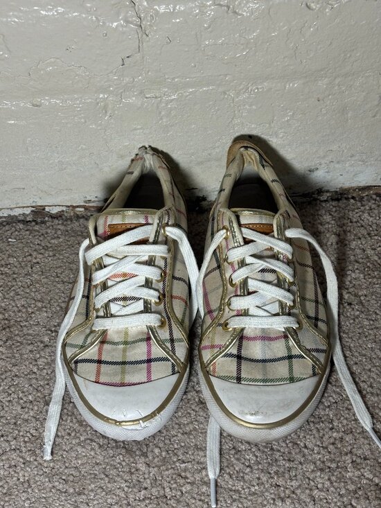 Coach Shoes - Coach Plaid Sneakers Size 7B Gold Trim Lace Up Casual Shoes